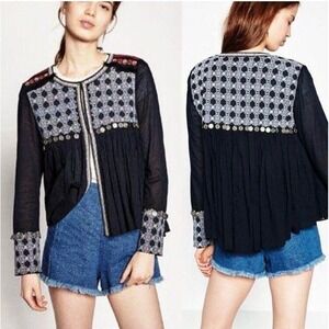 Zara Womens Embroidered Jacket Size M Lovestitch Navy Babydoll Boho‎ Hippy